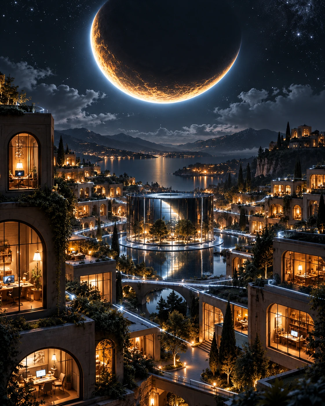 Warm amber eclipse above connected homes and creative workspaces