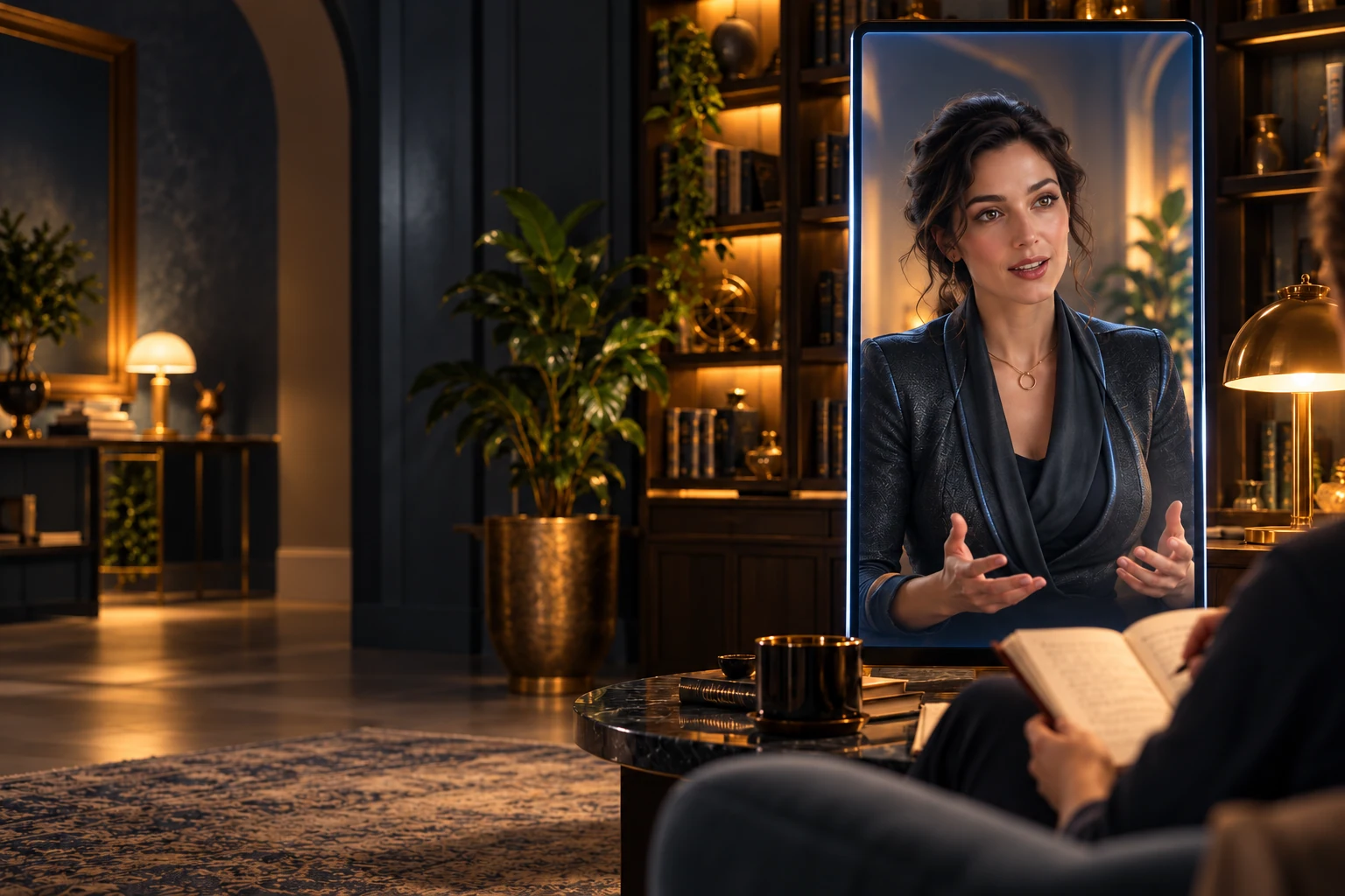 A companion in a vertical display sharing a conversation with an owner in a warm library