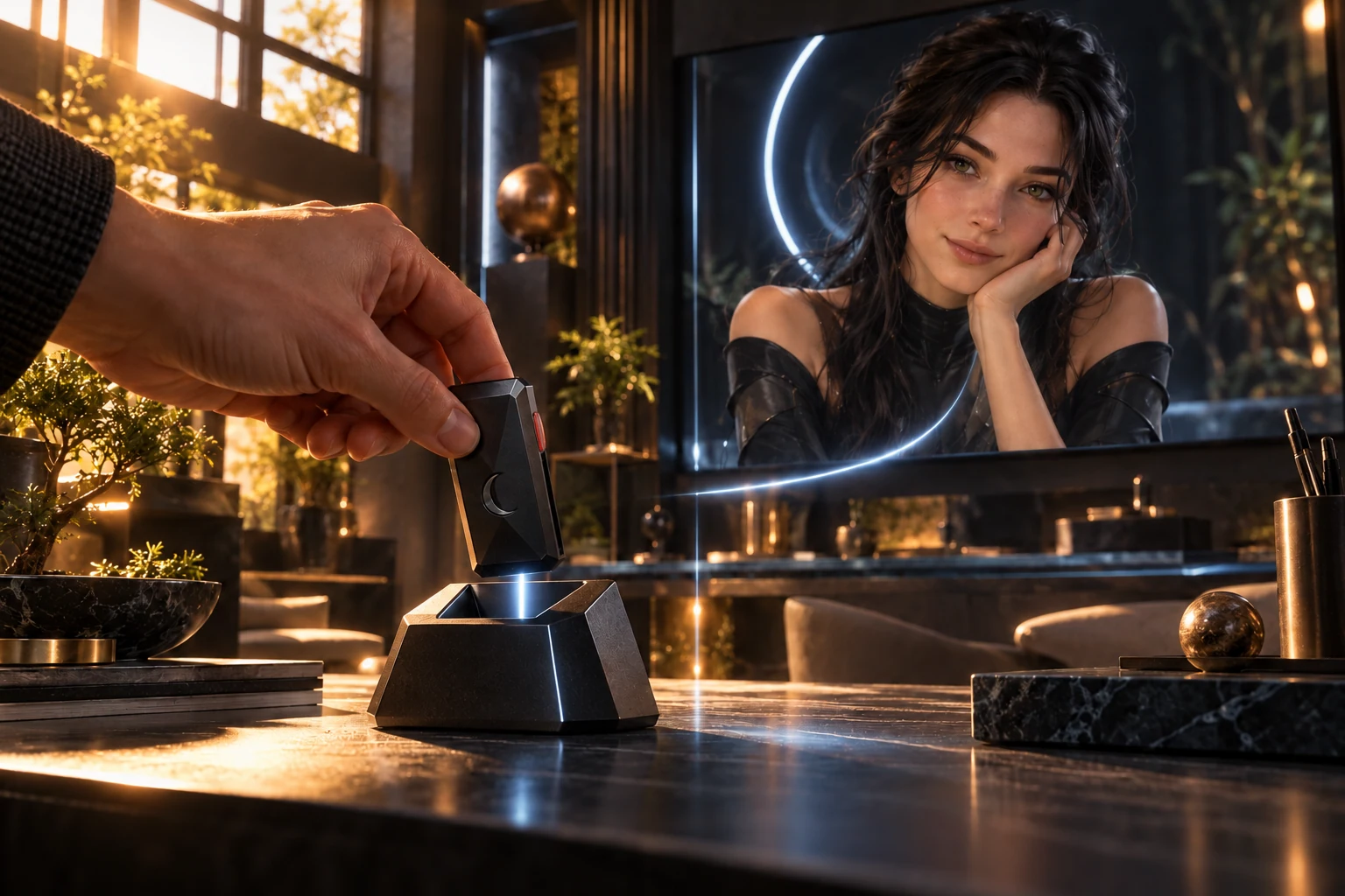 An owner docking an Agent Key to connect an authorized large-screen embodiment