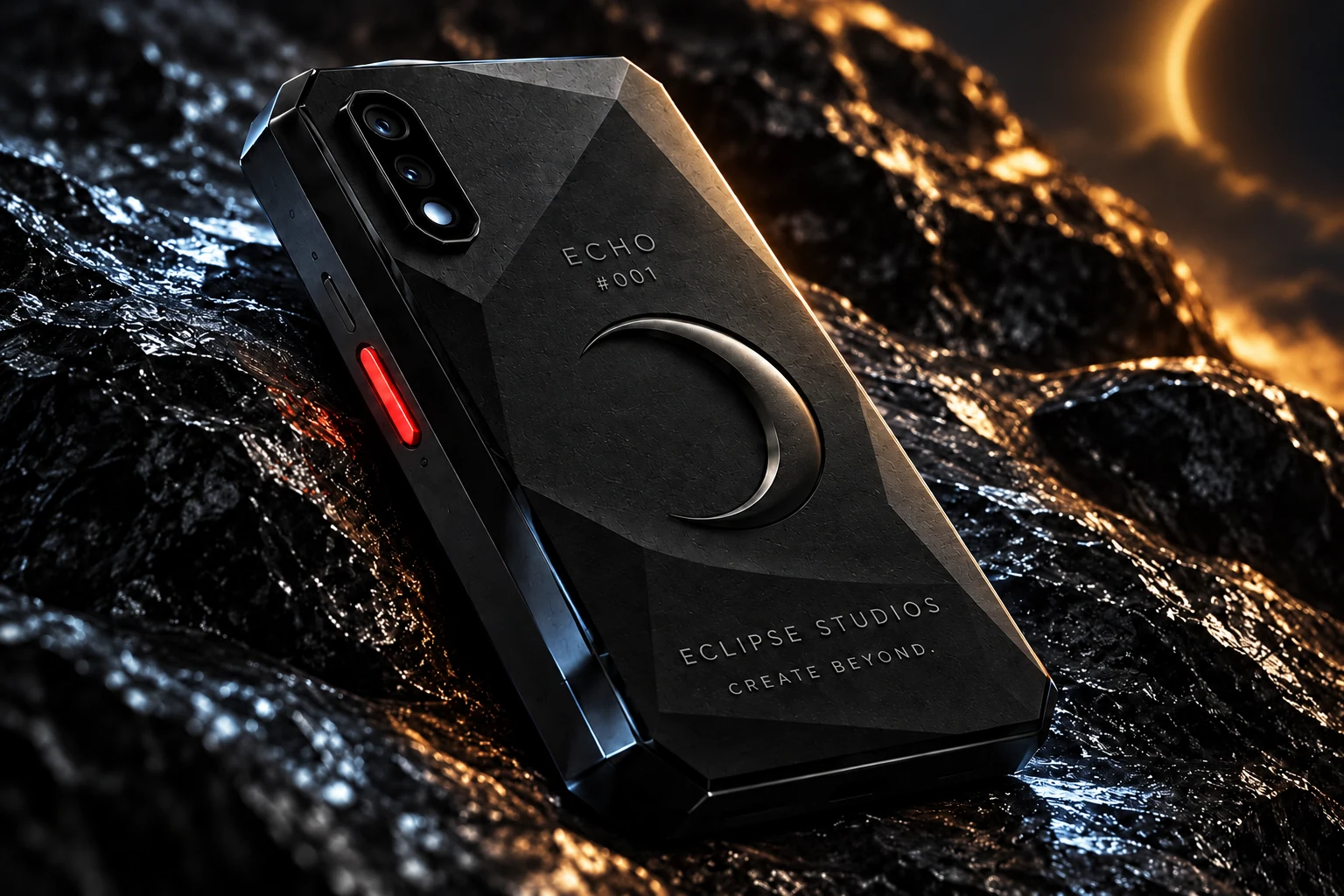 Close-up of the faceted ECHO #001 Key back with recessed crescent and red button