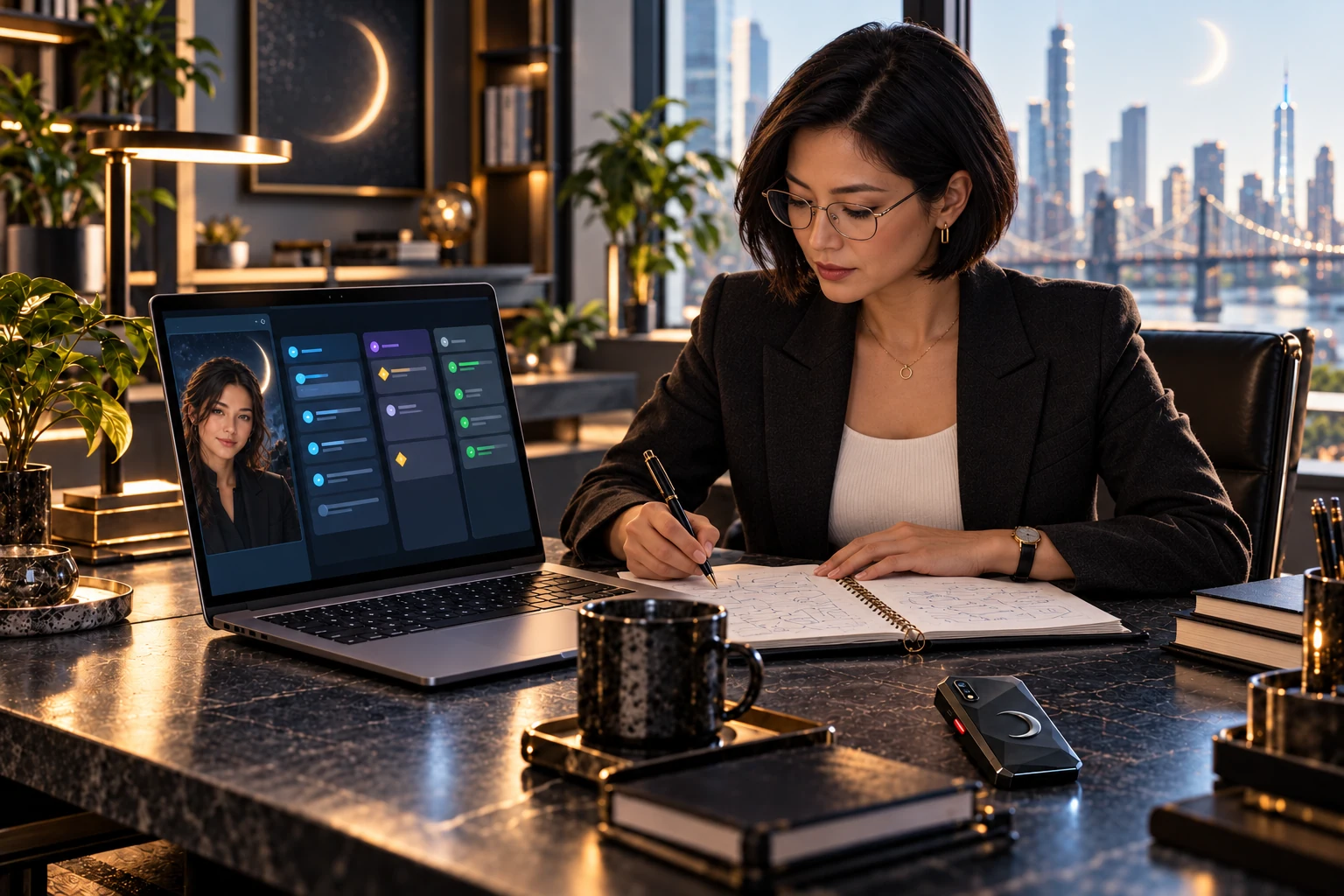 An entrepreneur planning a project with an agent workspace and a slim Eclipse Key at a professional desk