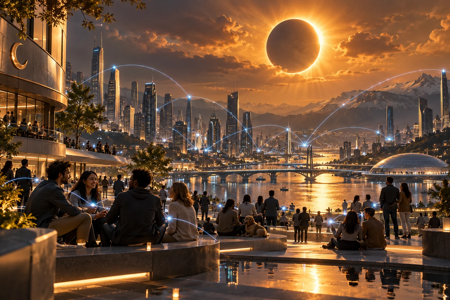 A connected human community beneath a warm eclipse in a future city